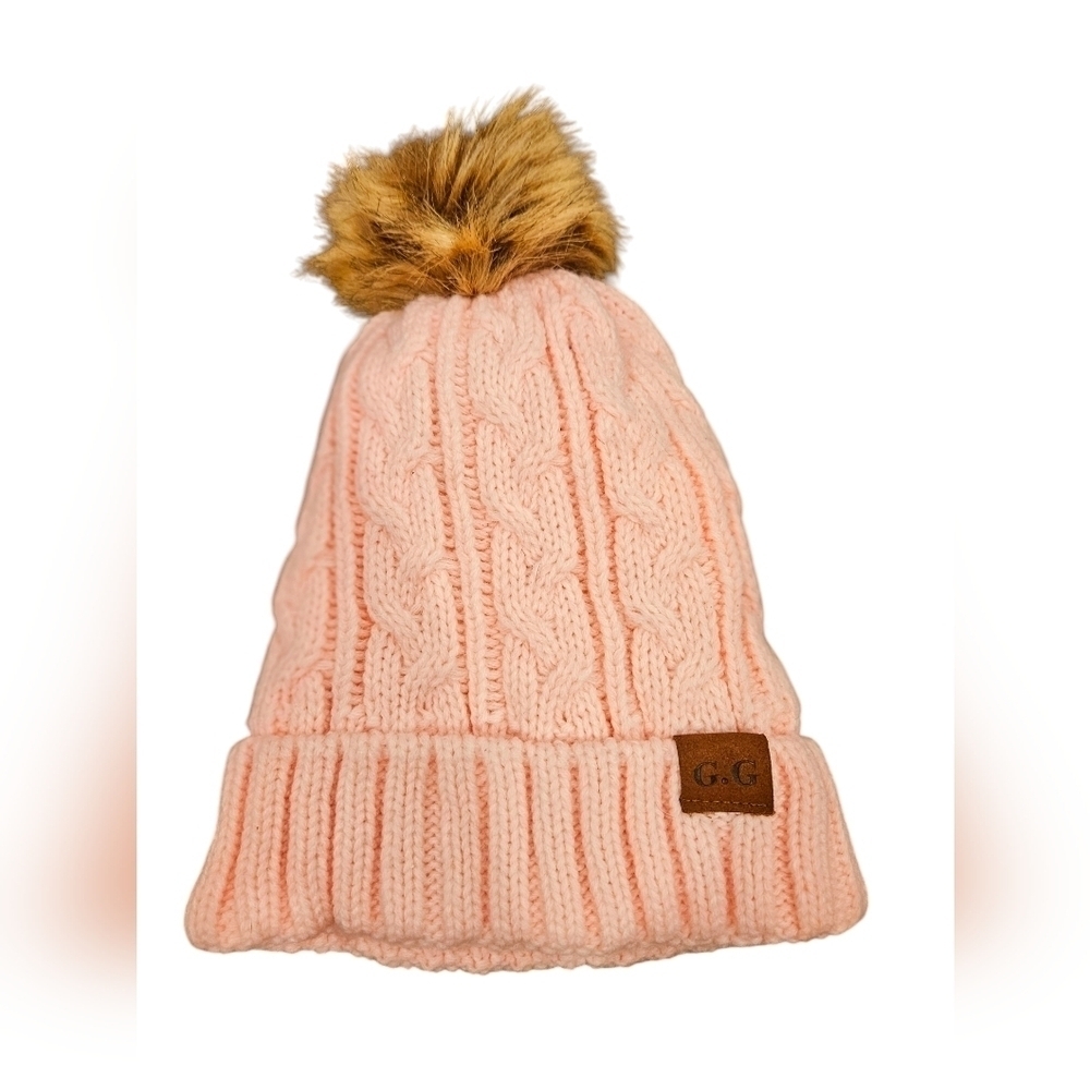 Pink Cable Knit OS Fleece Lined Beanie with Faux Fur Pom NWOT